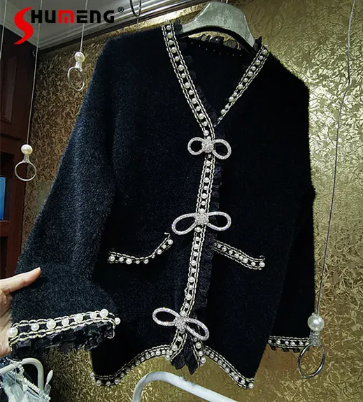 

Bowknot Luxury Lotus Leaf Thickened Beaded Coat Sweater Winter Long Sleeve Clothing Loose Black Elegant V-neck Cardigan Coat