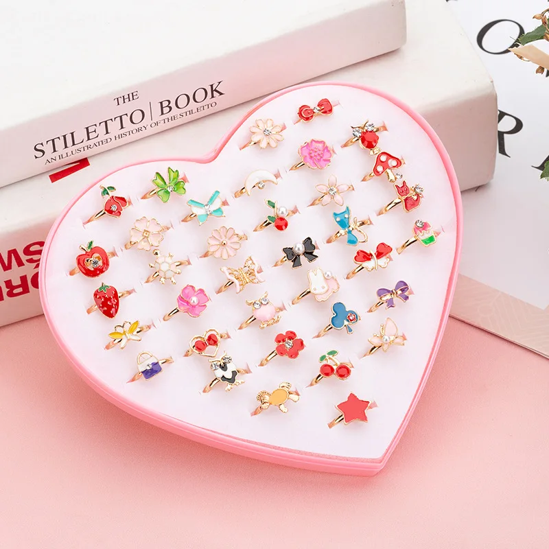 

36pcs/box Girls Adjustable Rings Cute Cartoon Makeup Toys Pretend Toys for Kids Cartoon Crystal Jewelry Alloy Animal Enamel Ring