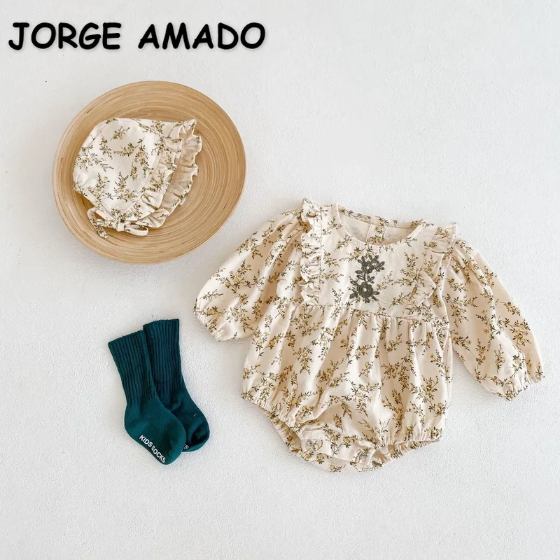 Monos de manga larga con bordado Floral para ni&ntilde;as peque&ntilde;as, mono con cuello redondo y gorro, ropa de beb&eacute; E2009, color amarillo, novedad de Oto&ntilde;o de 2021-0