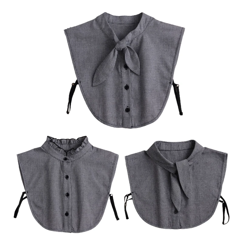 

Women Houndstooth Button Fake Collar Ruffled Rabbit Ears Bow Half Shirt Dickey F3MD