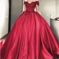 off the shoulder lace appliques burgundy satin wedding dresses ball gowns corset back bridal gowns vestidos de noiva