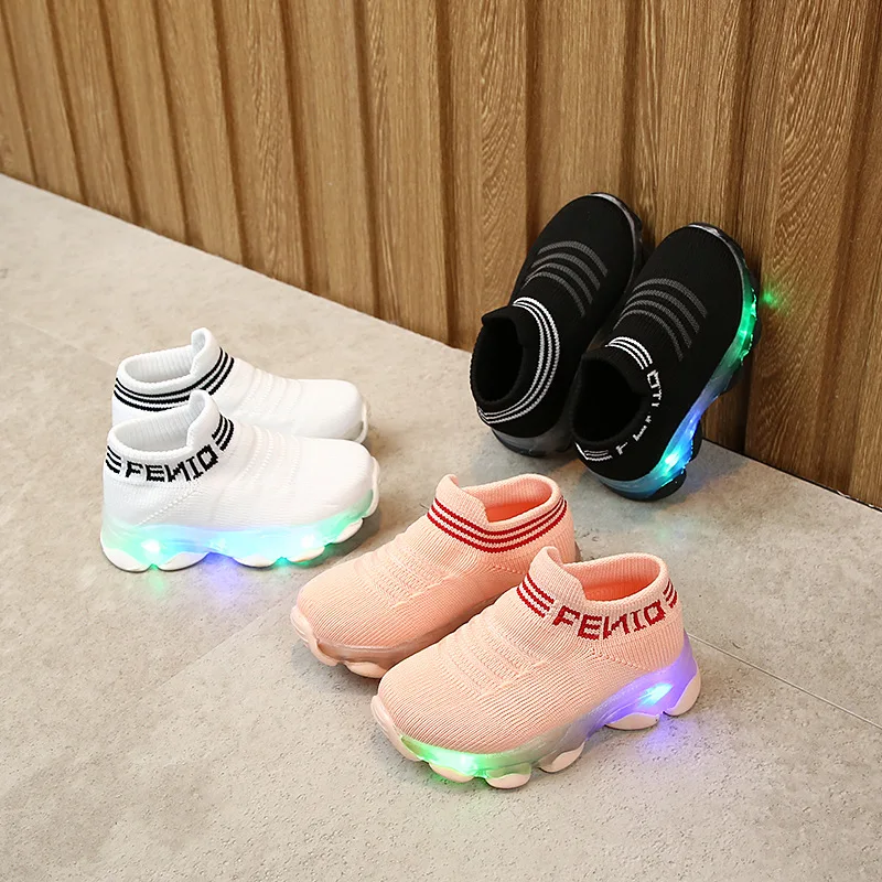 

Spring Summer Baby LED Shoes Boys Children Breathable Mesh Soft Non-slip Sneakers Korean Fashion Baby Casual Knit Socks Shoes