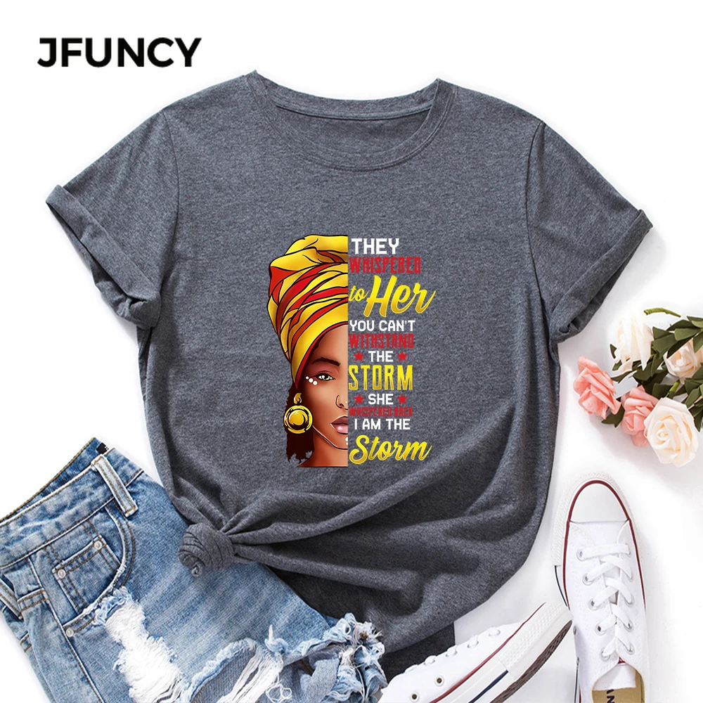 JFUNCY  Women T-shirt Female Short Sleeve Tshirt African Black Girl Print Tops Woman Loose Shirts Summer Cotton Clothes