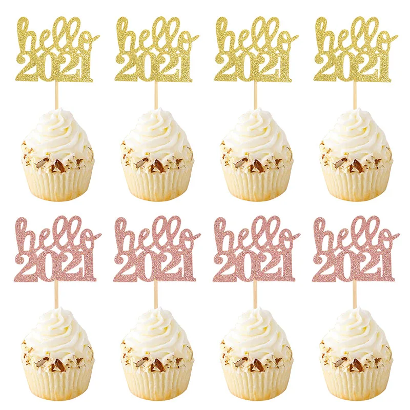12 шт./лот Hello 2021 Новогодняя бумага для кексов с буквами Топпер десертное украшение