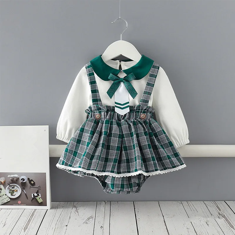 

2021 Summer Infant Baby Girls Clothes Sets 2Pcs Long Sleeve Cotton T-shirt +Plaid Bodysuit Newborn Birthday Clothing 0-24 Months