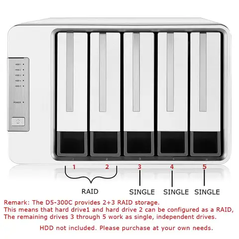 TerraMaster D5-300C USB3.0(5 Гбит/с), корпус RAID типа C 5-Bay, поддержка RAID 0/1/одиночный эксклюзивный режим 2 + 3 RAID (безбездисковый)
