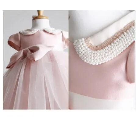 Красивый розовый цветок платье для девочки с жемчугом детское бальное День