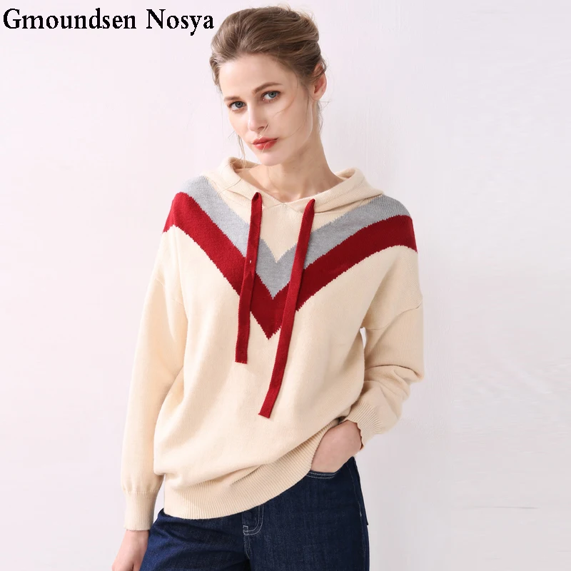 Новинка 2019 Женский вязаный пуловер с капюшоном разноцветный кашемировый свитер