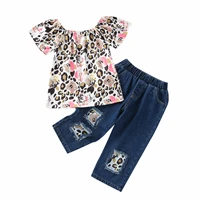 toddler girls 2pcs summer outfits off shoulder leopard print tops patchwork denim pants set