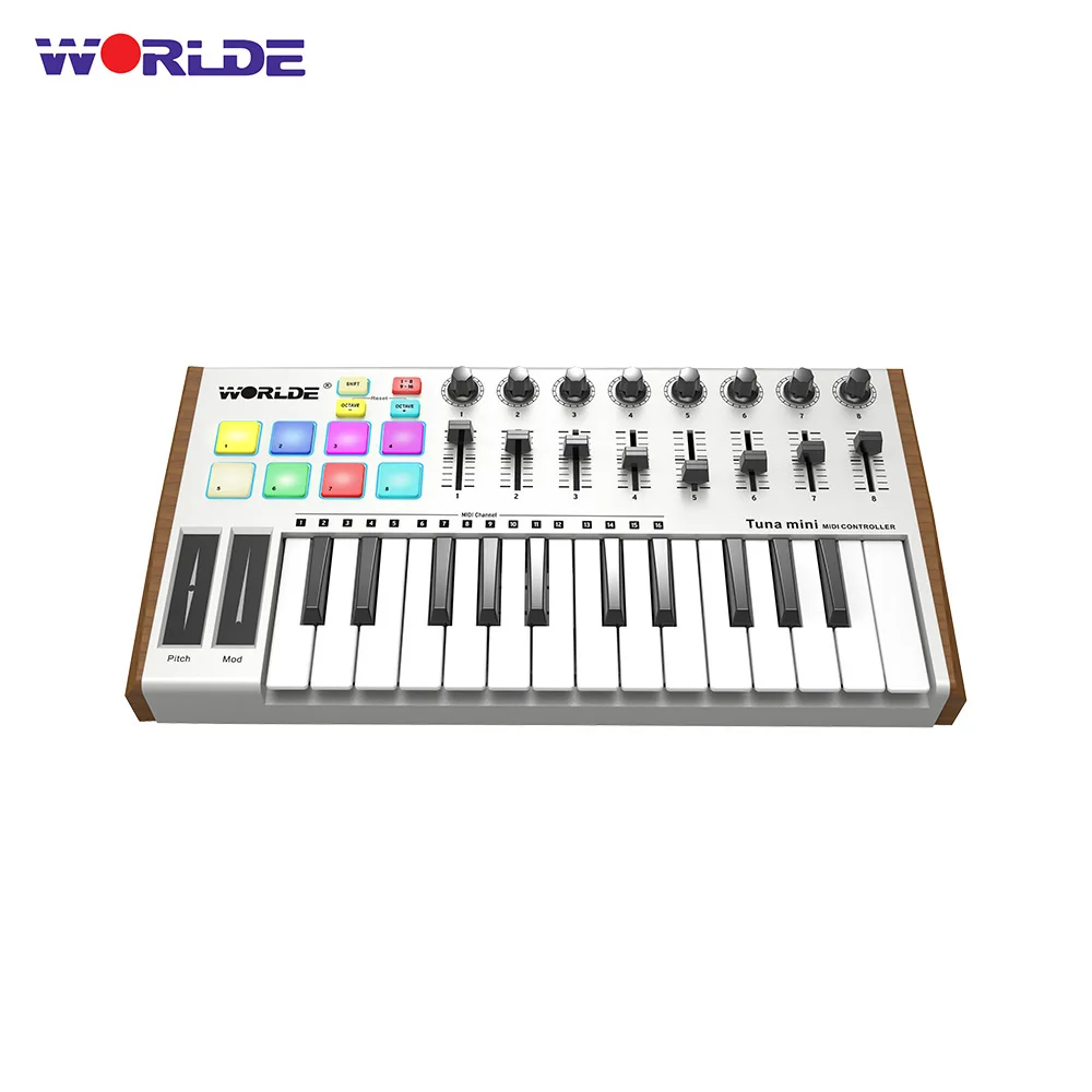 

WORLDE TUNA MINI Ultra-Portable 25-Key USB MIDI Keyboard Controller 8 RGB Backlit Trigger Pads with Pedal Jack MIDI keyboard