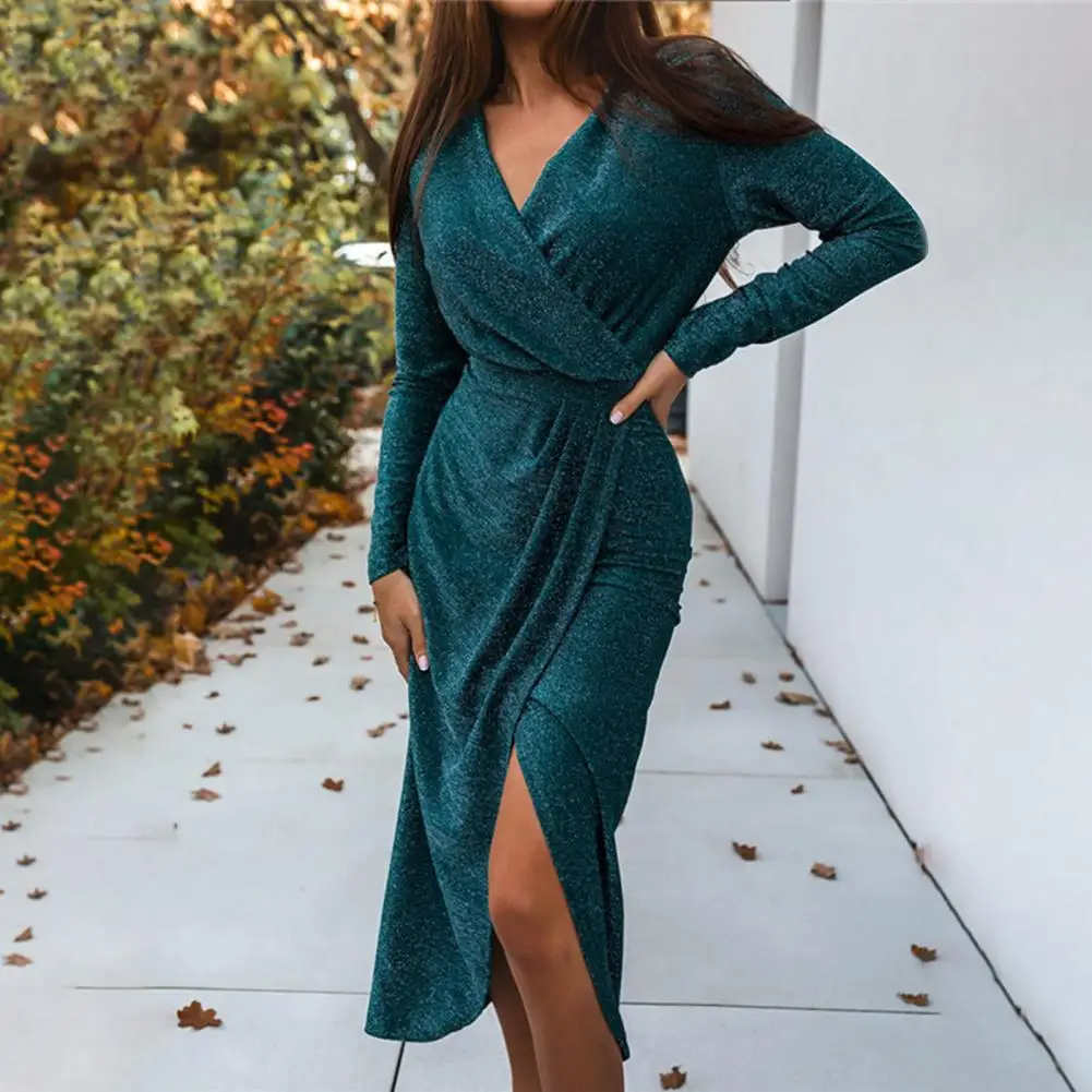 

Casual Dress Slim Waist Women Dress Long Sleeve Women Slit Long Dress