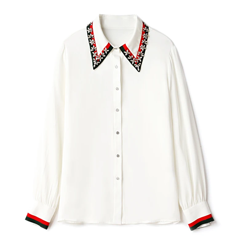 

95% Silk 5% Spandex Women's Shirt Turn Down Collar Beaded Long Sleeves Striped Fashion Casual Blouse Tops