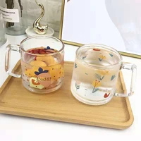 japanese ins style glass cute home heat resistant handle milk breakfast water cup creative personality strawberry print tasse