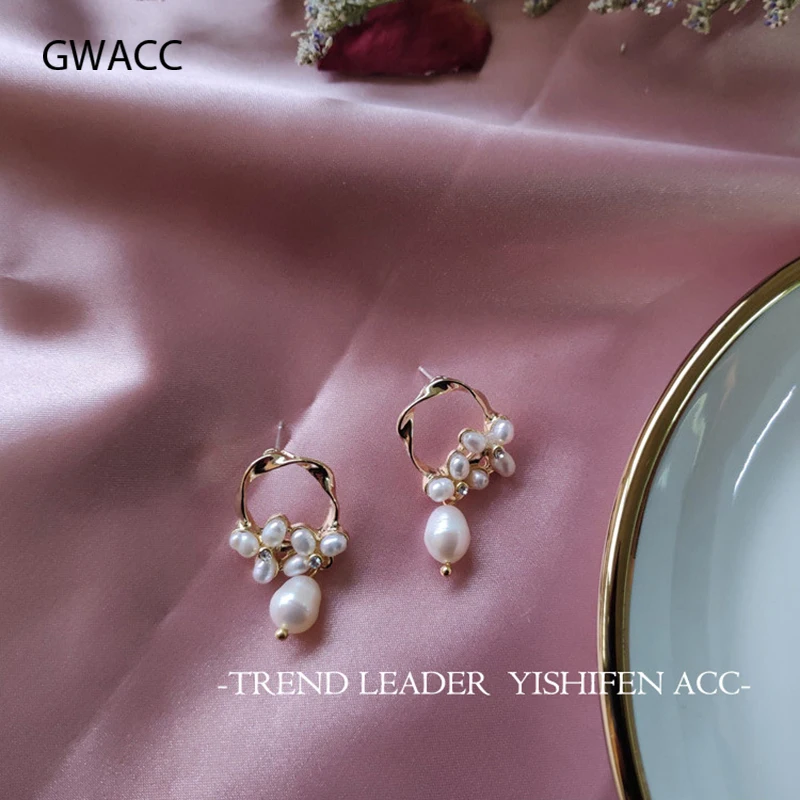 

INKDEW 2019 Korea Design Natural Freshwater Pearls Flower Stud Earrings For Women Girls Baroque Irregular Circle Chic Jewelry