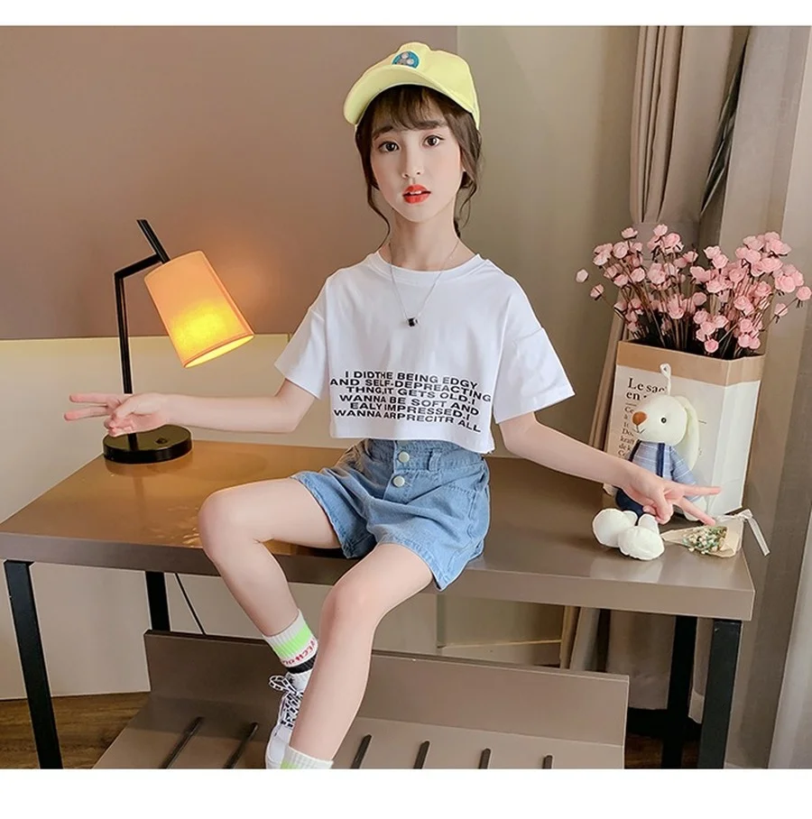 

High Waist Denim Short for Kid Girls Jean Short Children Summer Tshirt Short Button Jean Pant for Teenage Girls