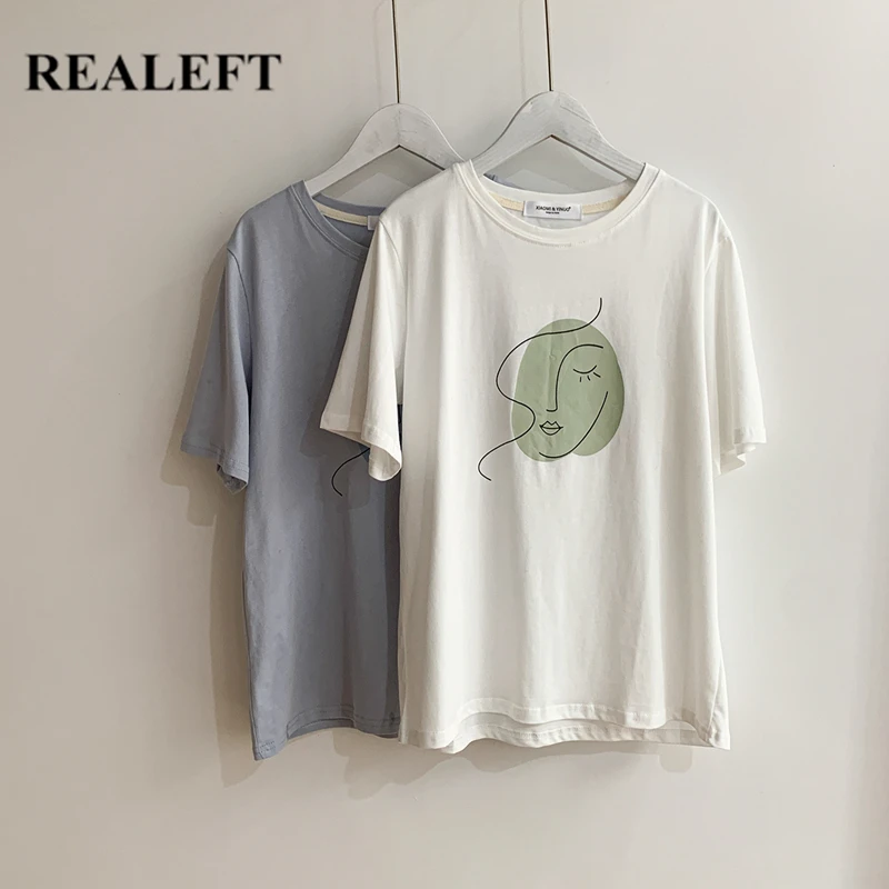 

REALEFT Summer 2021 New Classic Abstract Printing Women's T-Shirts Bottoming O-Neck Short Sleeve Female Loose Shirts Tops