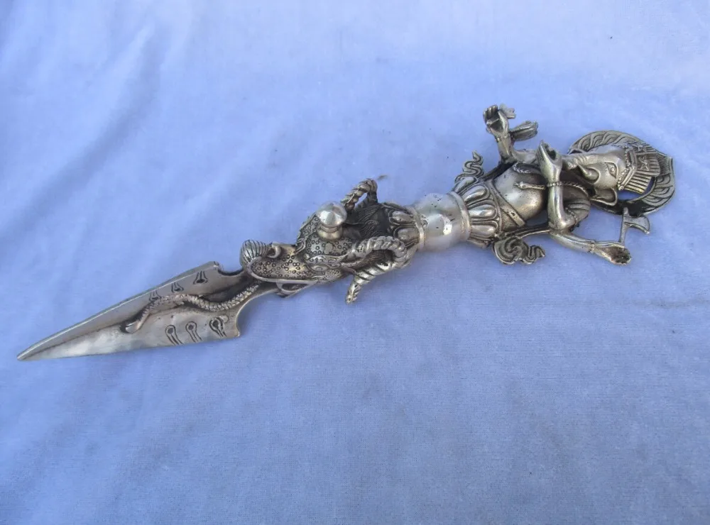 Коллекционный старой ручной работы тибетский серебряный буддийский меч Резная