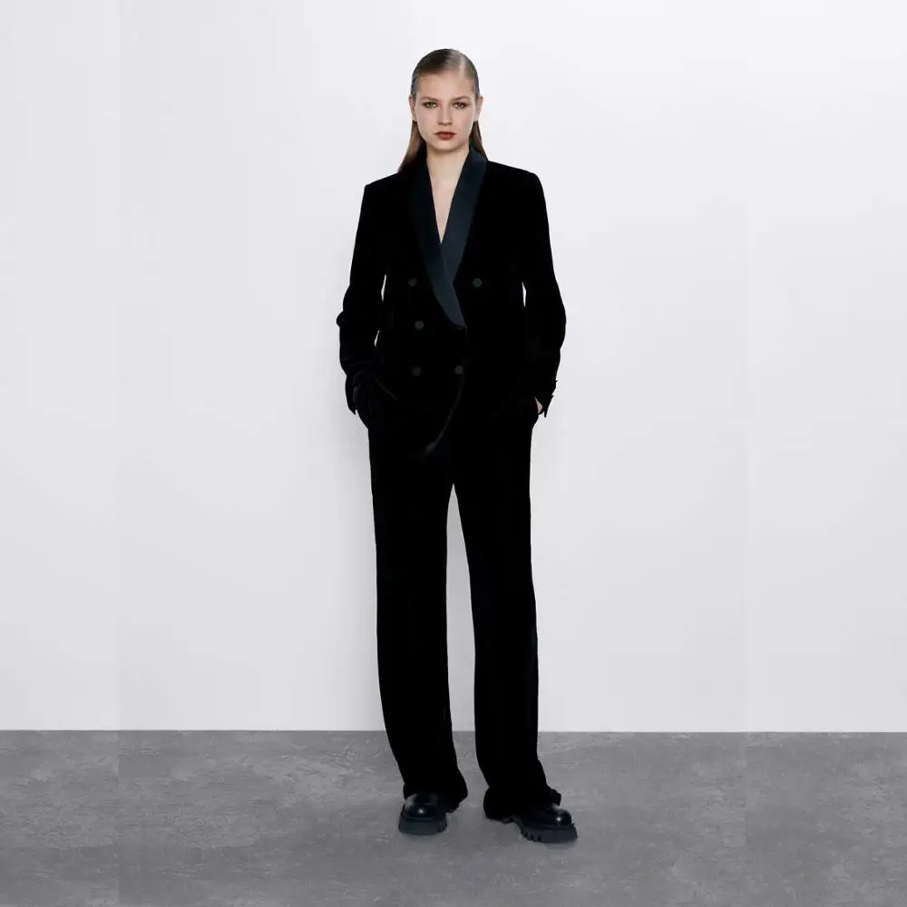 Женский костюм с v-образным вырезом ZA элегантный двубортный ожерельем и длинными