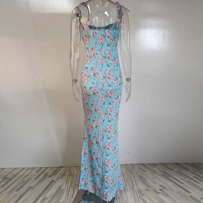

2021 Summer Mermaid Floral Bodycon Slip Dress Women Spaghetti Strap Long Maxi Dress Ladies Tight Party Dress For Women