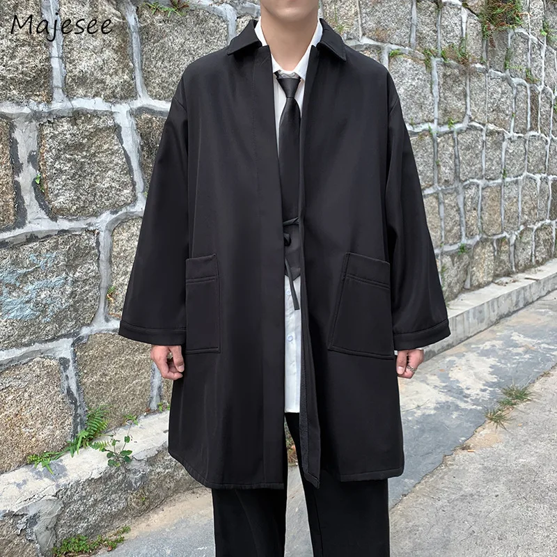 

Spring Black Trench Men Turn Down Collar Lace-up Long Sleeve Windbreaker Coats Retro Preppy Casual Streetwear Loose Fall Clothes