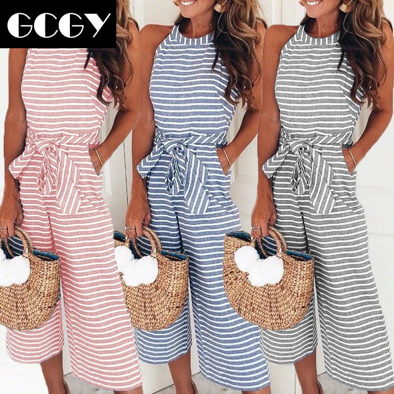 

GCGY Rompers 2020 Summer new Women Casual Loose Linen Cotton Jumpsuit Sleeveless Lace Up Playsuit Trousers Overalls