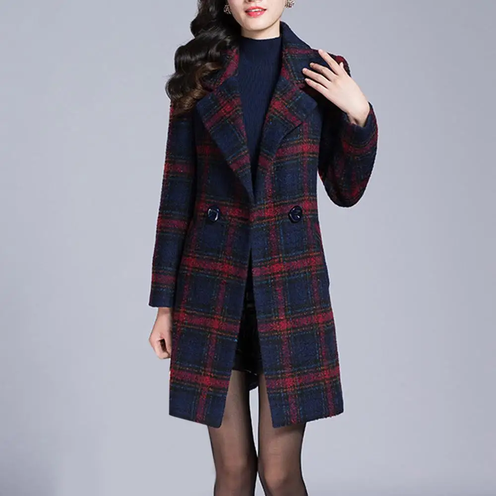2019 Женское шерстяное пальто размера плюс зимнее приталенное клетчатое с