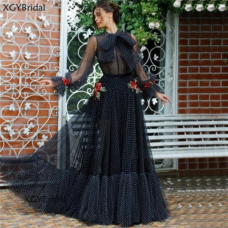 

New Arrival Sexy Evening Dresses 2023 Navy Blue Perspective High Collar Long Sleeves Flowers Formal Dress Vestidos de Fiesta