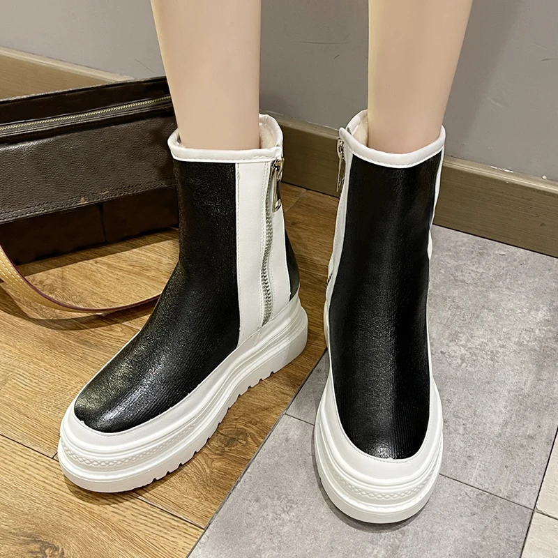 

Rimocy Thick Bottom Platform Women's Ankle Boots 2021 Silver Pu Leather Long Plush Snow Boots Women Winter Warm Cotton Shoes