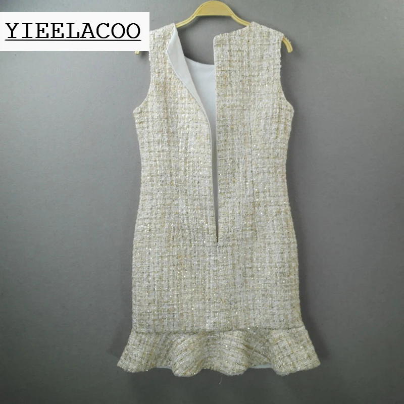 

Khaki tweed dress sleeveless sequined fabric high-definition custom spring / autumn / winter women's dress ladies office dress