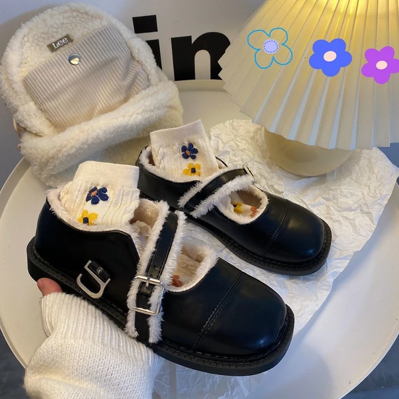 

Apanzu Uniform Shoes Autumn Winter Plus Velvet Leather Shoes Japanese Lolita Shoes JK College Style Mary Jane Shoes Single Shoe