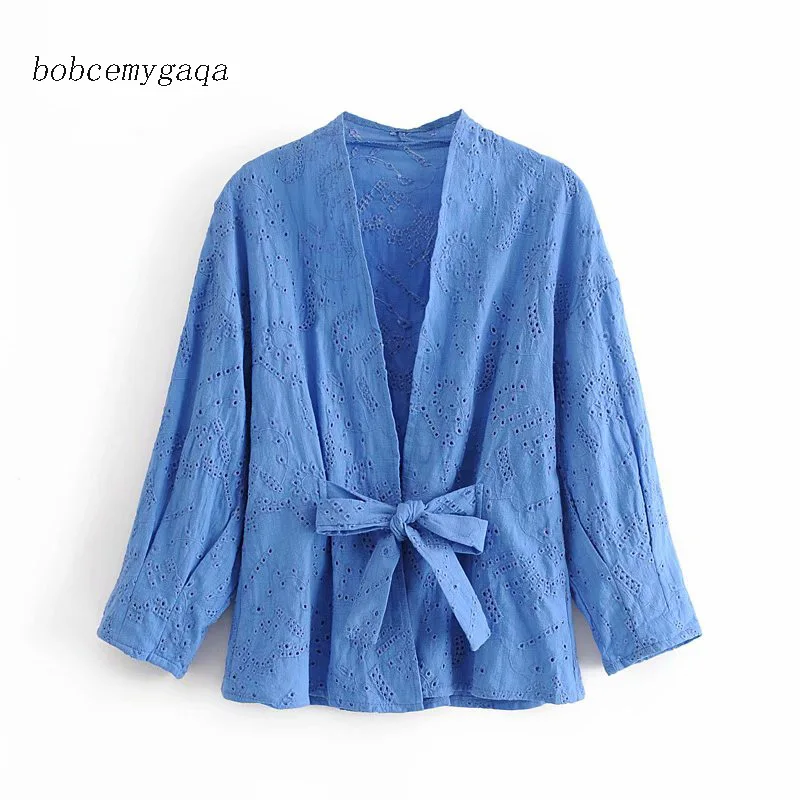 Blusa tipo kimono con cinturón para verano y otoño, camisa tipo cárdigan bordada para mujer, con hombro caído, estilo vintage, con lazo