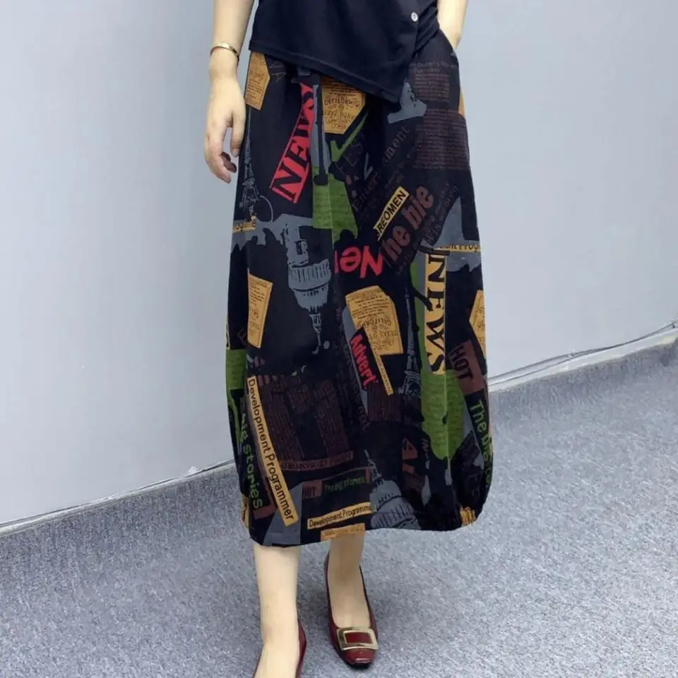 Женская юбка миди из хлопка и льна осенняя с высокой талией принтом женские юбки