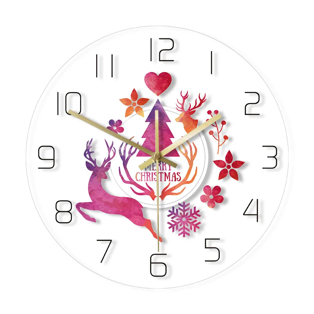 Merry Christmas Watercolor Deer Painting Print Modern Simple Wall Clock Holiday Hanging Timepiece Watch New Year Home Decor | Дом и сад