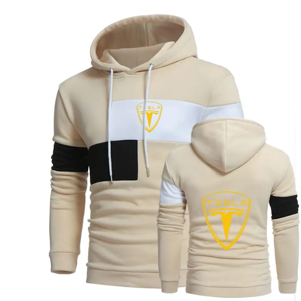 

Unisex Spring Tesla 3 Color Car Logo Print Hoodies Splice Pullover Male Sweatshirts Unisex Cotton Coats