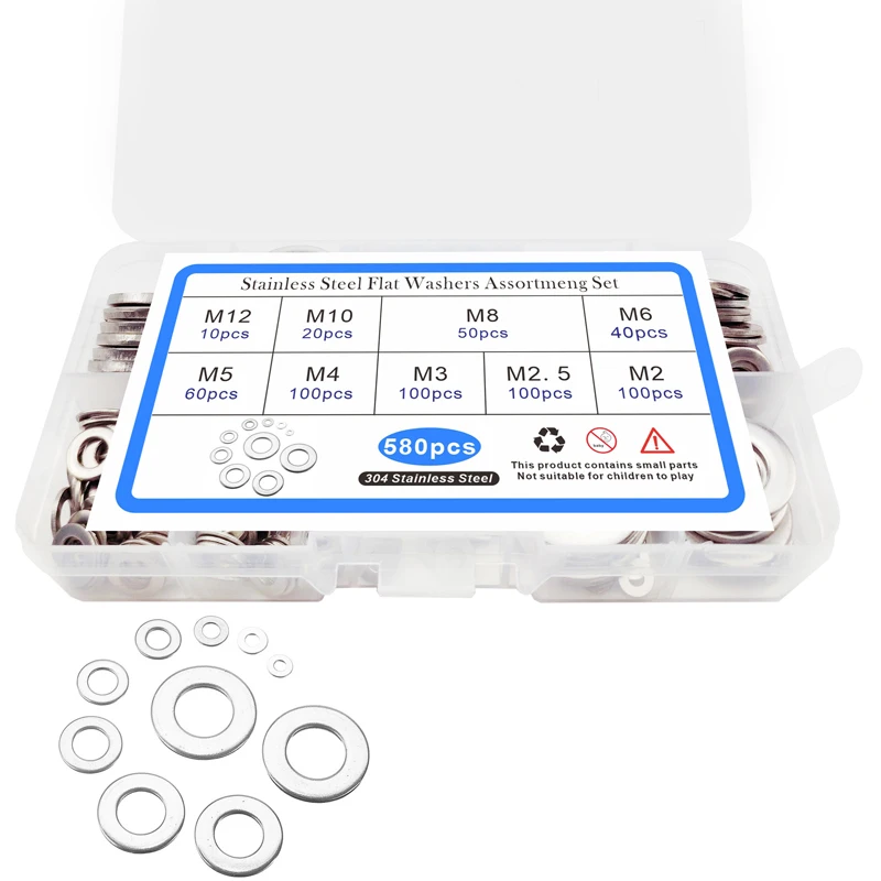 

580pcs/set 304 Stainless Steel Flat Washers Kit For M2 M2.5 M3 M4 M5 M6 M8 M10 M12 Fasteners & Hooks Washers Gaskets