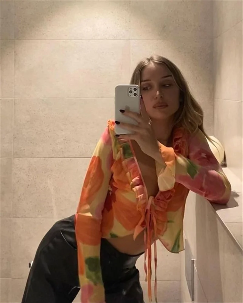 

Женский кардиган, пикантная блузка на шнуровке в западном стиле с V-образным вырезом, дизайнерская рубашка с длинным рукавом и принтом, Своб...