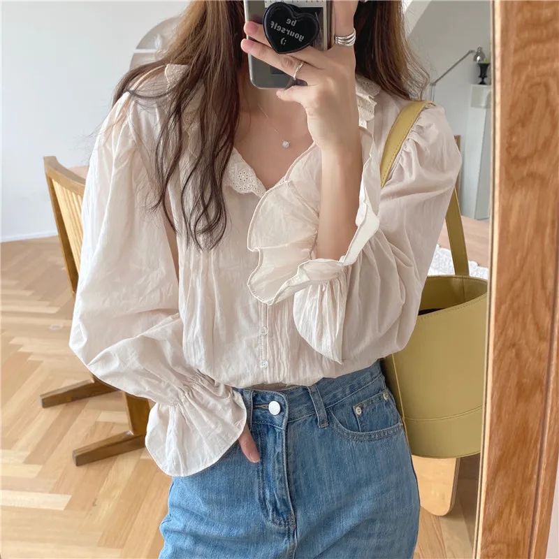 

Sweet Ruffles All Match OL Full Sleeves Stylish 2021 Women Autumn New Shirts High Street Cute Female Chic Blouses
