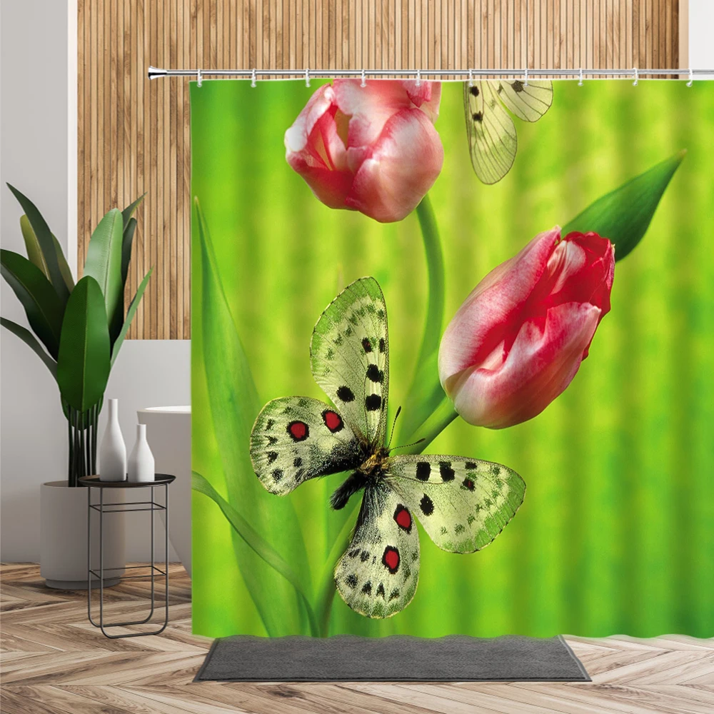 Весенняя занавеска для душа с 3D изображением бабочек и цветов красная фиолетовая