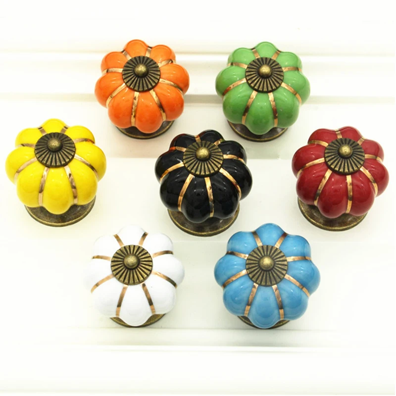 

6/12pcs Furniture Handle Vintage Kitchen Pumpkin Door Knobs Cabinet Drawer Cupboard 39mm Ceramic Pull Handle With Screws