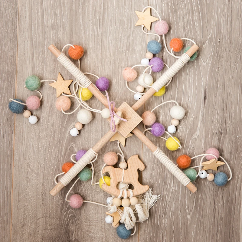 

Baby Mobile Wool Felt Balls Wooden Trojan Baby Shower Nursery Decor Hanging Pom Pom Garland Crib Hanging Bed Trojan Horse Bell