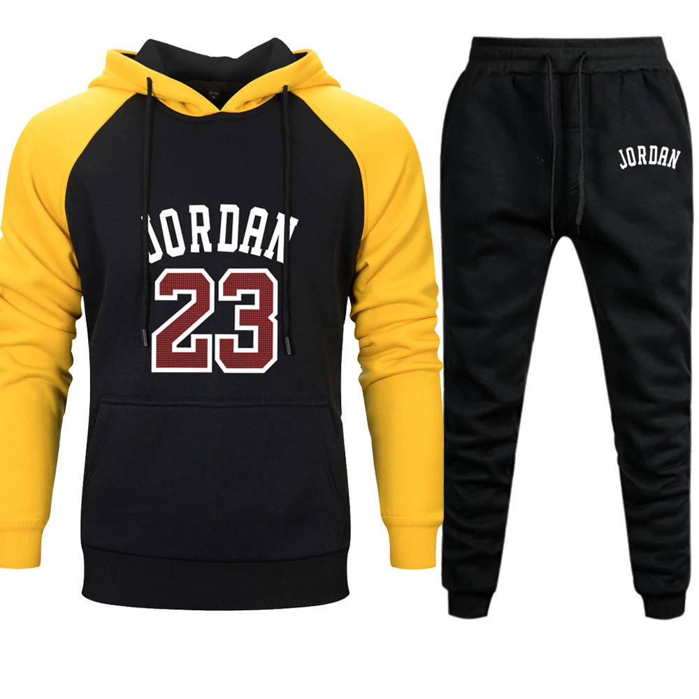 yellow black6 Jordan 23 Tracksuit Men Sets Winter Hoodies Pants 2 Piece Set Fashion Hoody Mens Sweatshirt Sport Joggers Sweatpants Suit - Цвет: yellow black6