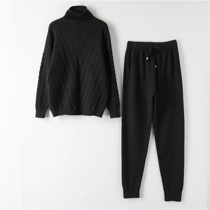 H01-Black Водолазка, пуловер, свитера, трикотажные штаны, костюм из двух частей, комплекты для женщин на осень и зиму, теплый вязаный спортивный костюм, женский спортивный костюм - Цвет: H01-Black