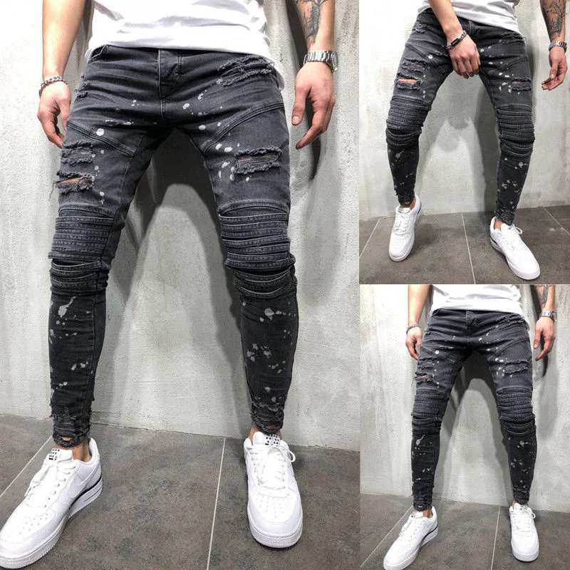 

SHZQ New Men Ripped Dot Printed Skinny Jeans Destroyed Frayed Slim Fit Denim Pant Casual Men Slim Hole Zipper Balck Jeans P