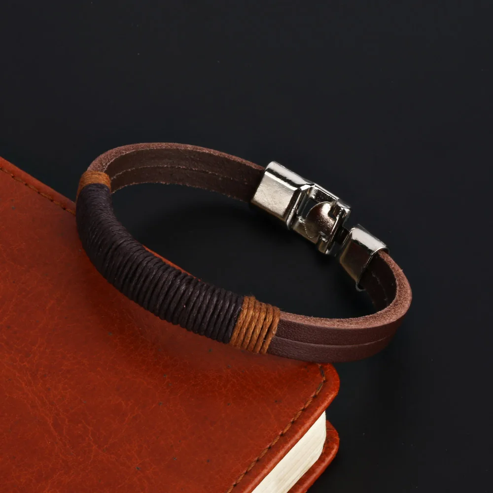 Браслет из натуральной кожи мужские украшения двухслойный коричневый Плетеный