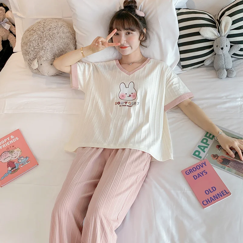 

Пижама женская летняя Новинка трендовый популярный костюм из чистого хлопка с короткими рукавами и брюками из двух частей домашний костюм ...