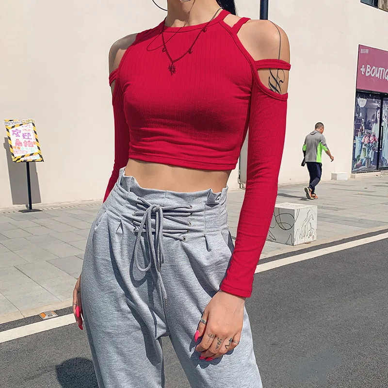 2019 зимняя женская Сексуальная футболка с открытыми плечами однотонный