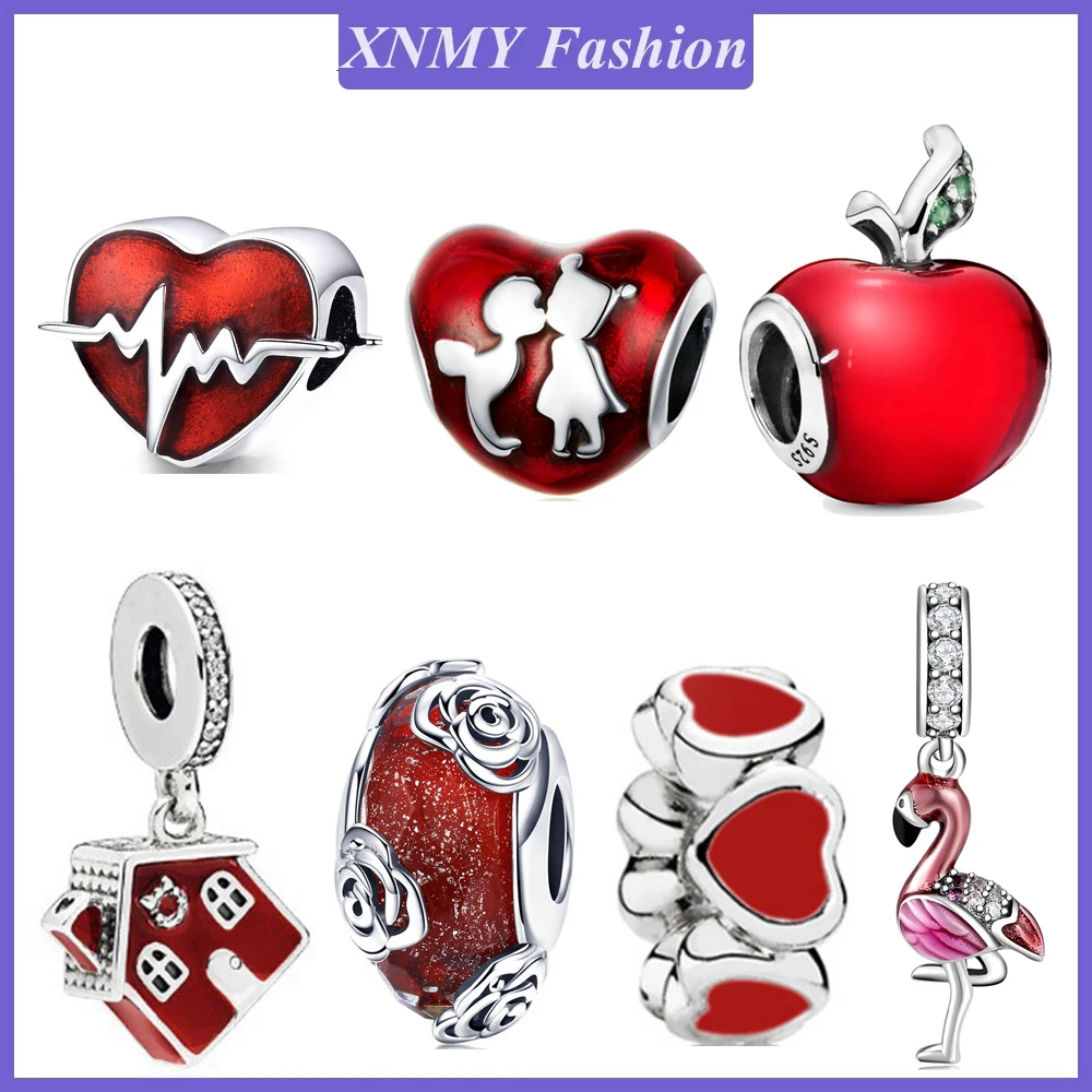 

XNMY Hot Sale Silver Color Red Color House Love Heart Beating heart Charm Fit Original Pandora Bracelet DIY Jewelry Women Gift
