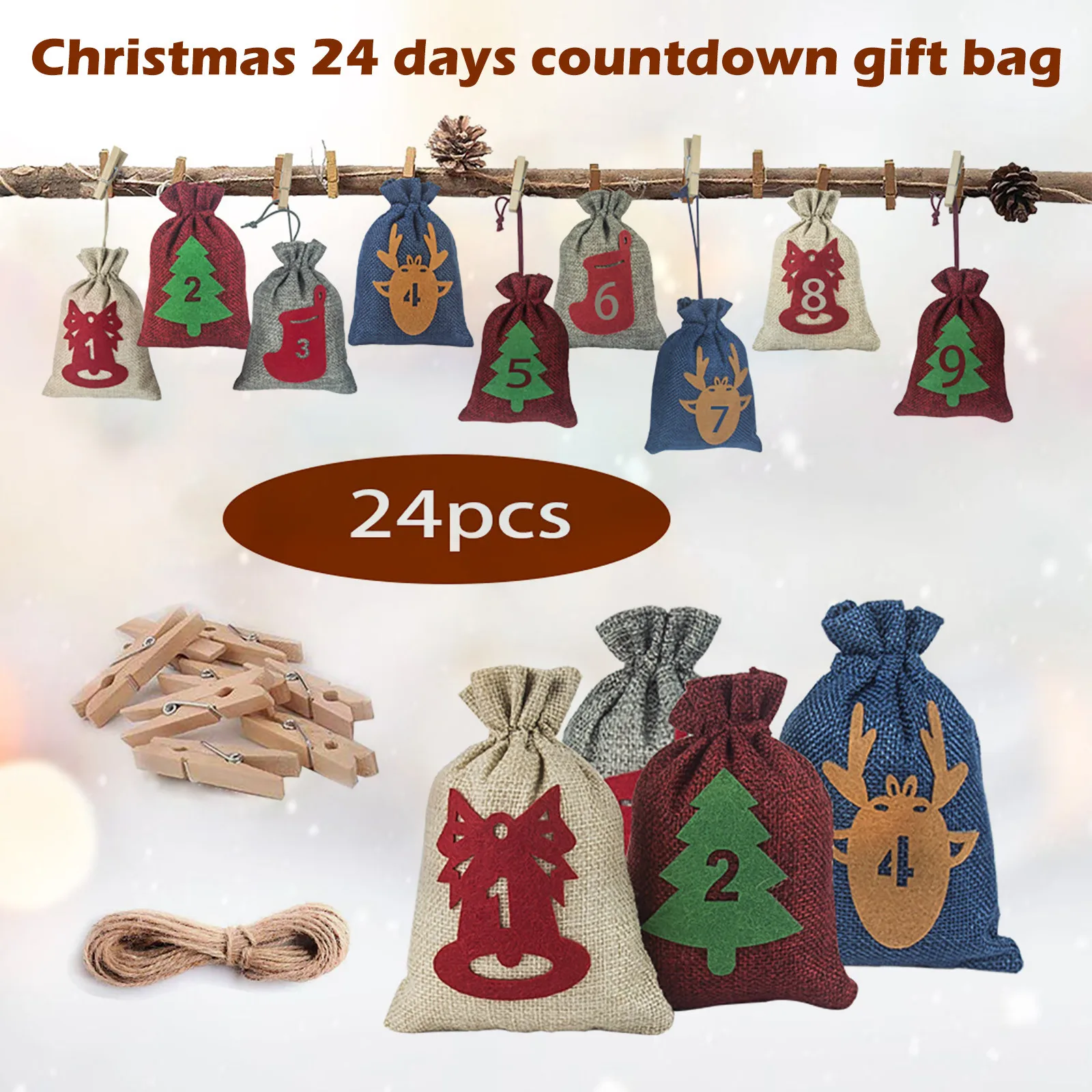 

New Felts Christmas Burlaps Bag 24 Countdown Christmas Coming Calendar Gifts Bag Christmas New Year Decorations*8
