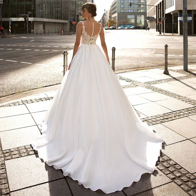 

Hi Shy Bride New Simple Wedding Dress Backless Sleeveless Design Chiffon Lace Bride Dresses Princess Dress Plus Size Tailor-made