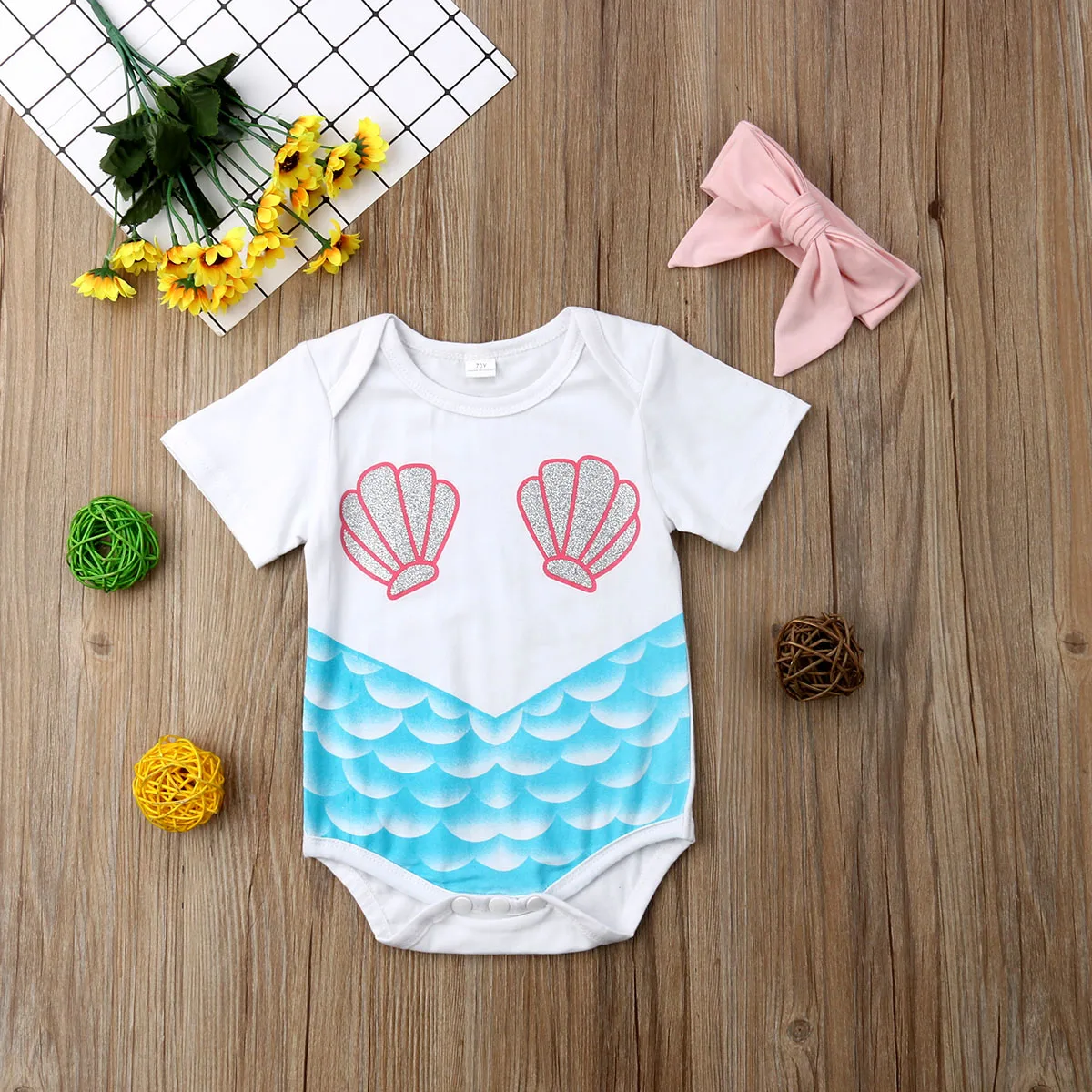 

Toddler Baby Girls Summer Romper, Short Sleeve Cartoon Mermaid Printed Bodysuit+Solid Color Headband